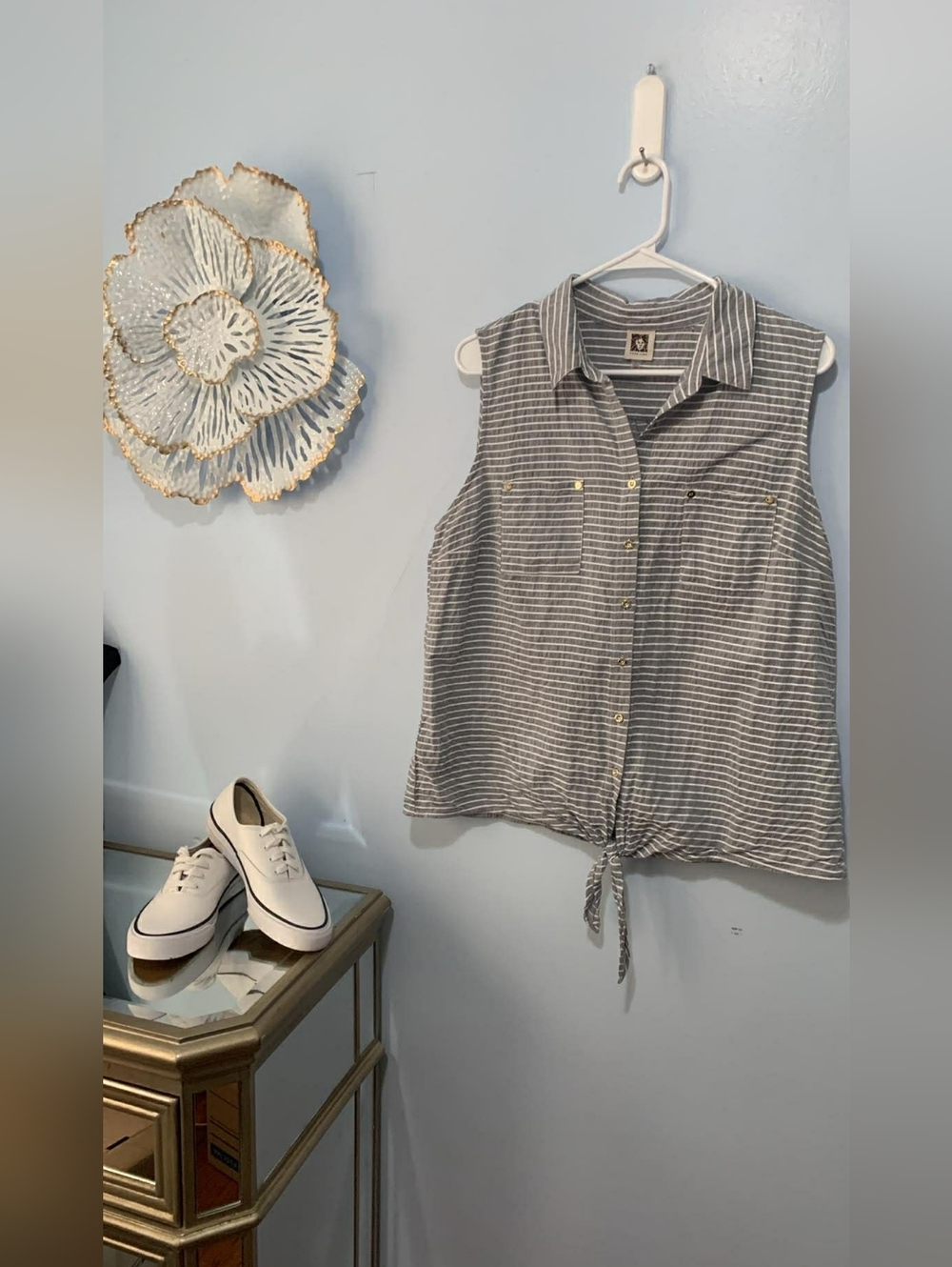 Anne Klein Sleeveless Striped Tie-Hem Top - Gray Bluey  by Unbranded